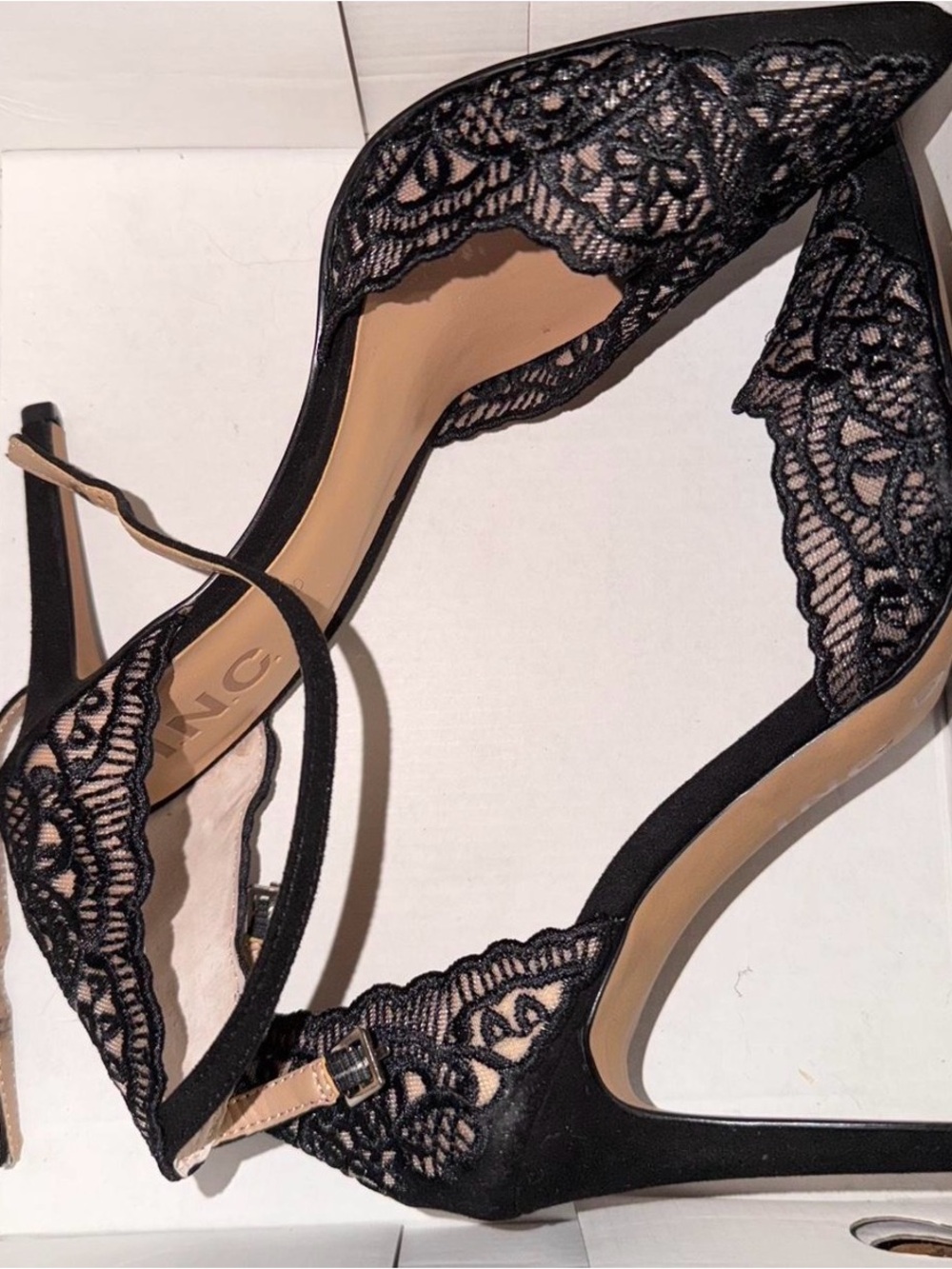 INC International Concepts Black Lace Pointed Toe Ankle-Strap Heels